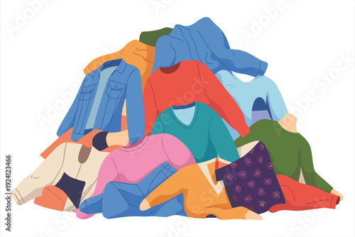 Pile of colorful folded and unfolded clothes on a white background Keywords: pile, clothes, clothing, laundry, heap, stack