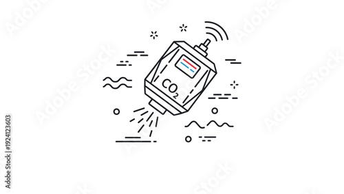 Scientific line art illustration showing a satellite sensor measuring carbon dioxide levels in the atmosphere for climate monitoring.
