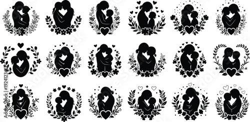 Silhouette of multiple unidentified objects in rows on a white background