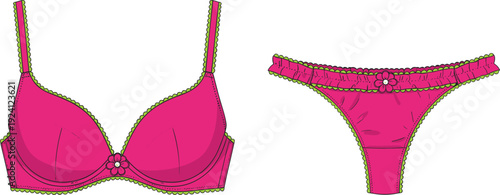 Pink bra and thong underwear set with green trim and floral detail lingerie