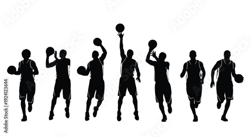 A group of basketball players in various poses in silhouette against a white background