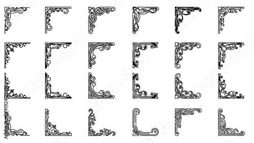 Comprehensive set of black and white decorative corner frame elements with intricate vintage scrolls and floral motifs for design.