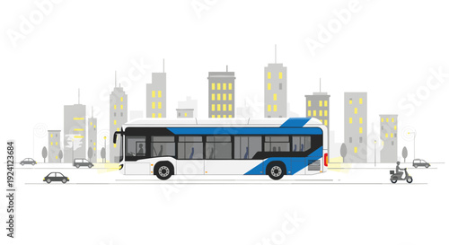 A modern white and blue city bus drives along a street with a stylized cityscape and other vehicles in the background.