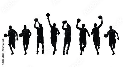 A group of basketball players in motion, captured in silhouette against a white background
