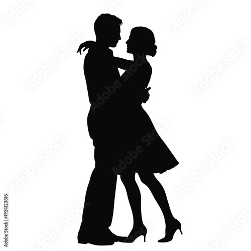 Silhouetted couple embracing in a romantic dance pose against a white background