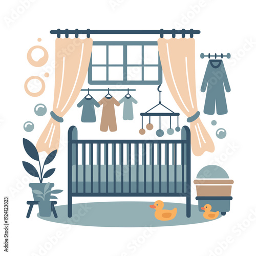 A serene baby nursery with a crib and toys on a white background