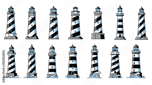 Grid of various lighthouse illustrations featuring different stripe patterns and stone bases for coastal and nautical themed designs.