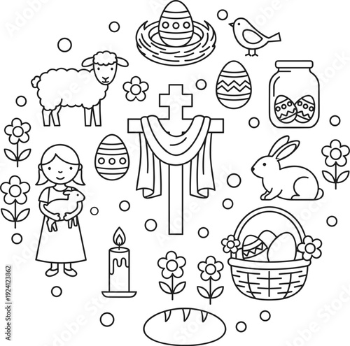 Easter outline icon set vector, bunny eggs basket cake chick lamb and spring symbols isolated on transparent background