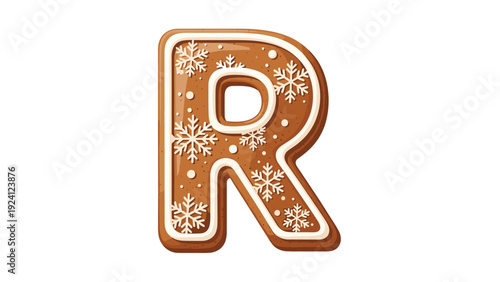 Gingerbread cookie letter r decorated with white royal icing and delicate snowflake patterns for festive holiday and winter themes.