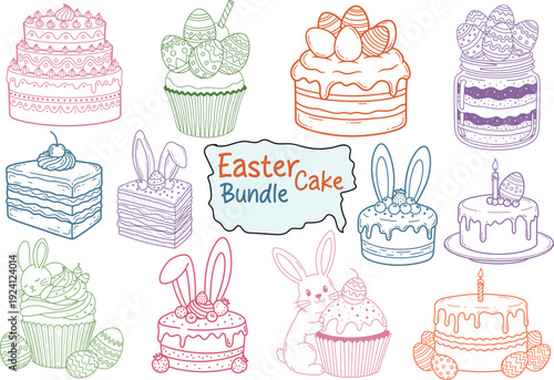 Hand Drawn Easter Cake and Cupcake Doodle Set, Cute Bunny and Spring Dessert Illustration Collection, Pastel Outline Bakery Design Elements