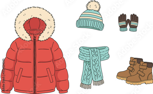 Red winter parka with fur hood hat scarf and boots on white background Keywords: clothing, apparel, fashion, garments, outfit