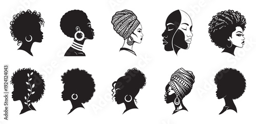 African American Woman Silhouettes with Natural Hair Afro and Headwrap Vector