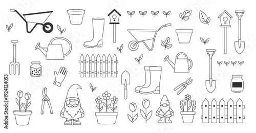 Gardening outline icon set vector, garden tools plants pots and gnome collection isolated on transparent background