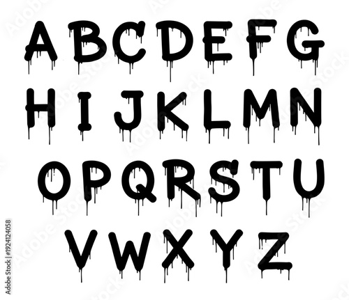 Dripping grunge alphabet font vector, black paint ink uppercase letters isolated on transparent background