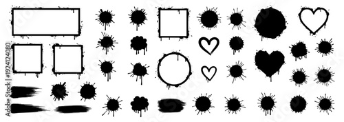 Grunge paint splash and splatter icon set vector, ink stain frames hearts and spray elements isolated on transparent background