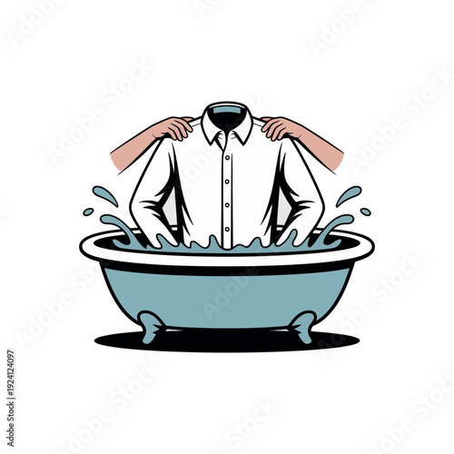 A cartoon illustration of a white shirt being washed in a bathtub