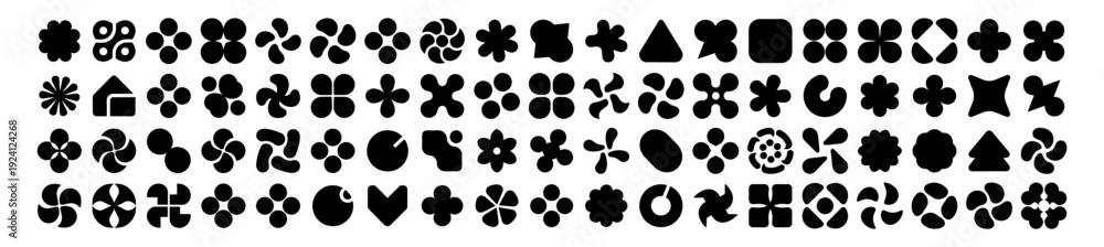 Fototapeta premium Abstract geometric shape icon set vector, decorative floral clover swirl symbols isolated on transparent background