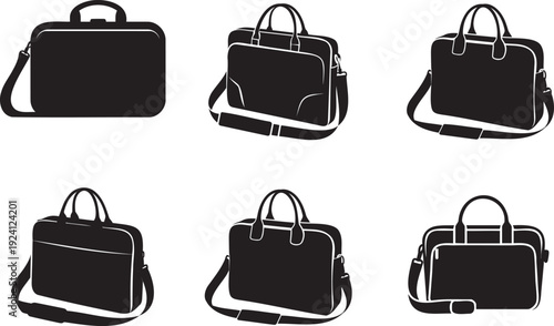 Black and white vector laptop briefcase icons set for business professional documents office travel messenger bag and leather portfolio