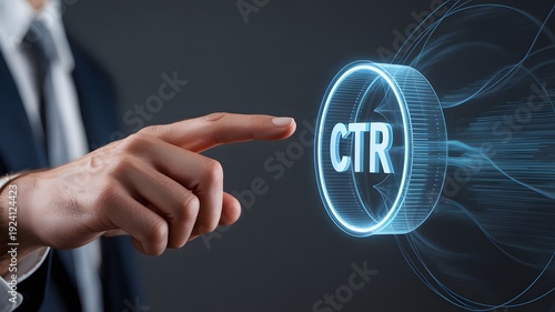 Businessman's finger activates glowing blue CTR button on digital interface click through rate