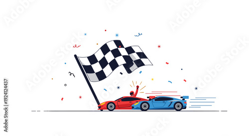 Two race cars cross the finish line with a checkered flag and confetti.