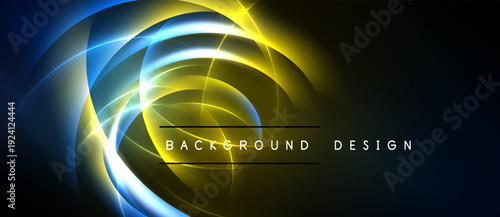 Abstract swirling lights create dynamic visual effect. Yellow, blue, white hues blend into dark background. Modern design element.
