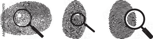 Fingerprint icon set with magnifying glass vector silhouette