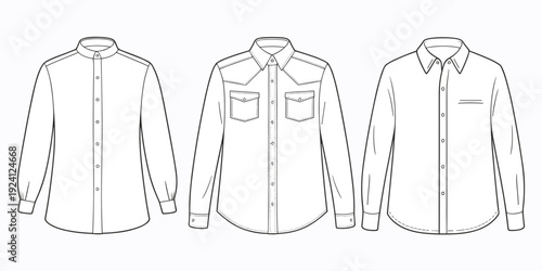 Three different styles of long sleeve shirts in a technical fashion sketch format Keywords: fashion illustration, garment