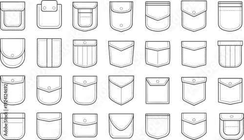 Variety of Pocket Designs with Buttons and Stitching Details vector illustration