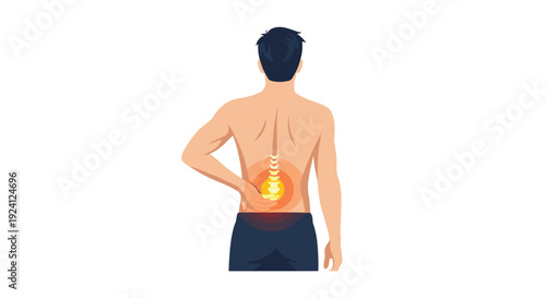 A shirtless man experiences lower back pain, highlighting the lumbar spine.