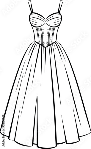 Vintage style black and white line drawing of a strapless corset bodice ball gown dress retro