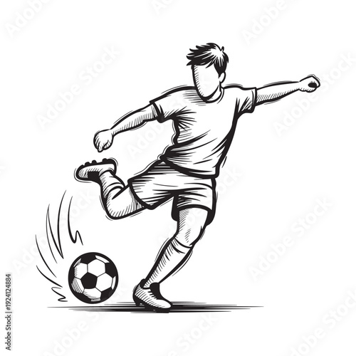 Black and white sketch of a soccer player kicking a ball during a game