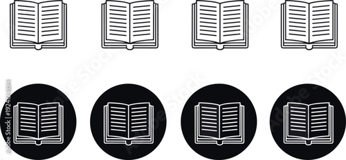 Set of open book icons in outline and solid circle styles representing education, reading, learning and knowledge vector design