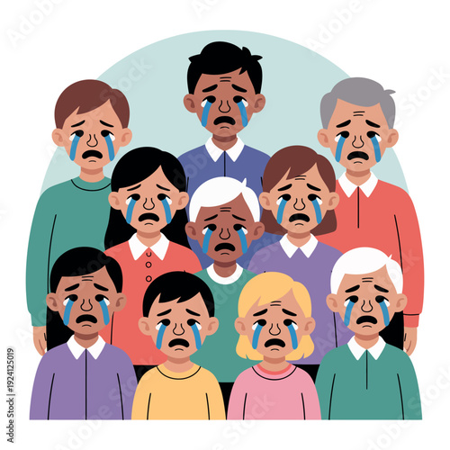 A diverse group of people crying together in sadness and despair