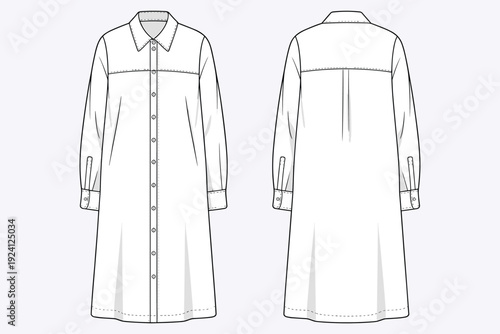 White long-sleeved shirt dress technical drawing front and back view on light purple long sleeve button down