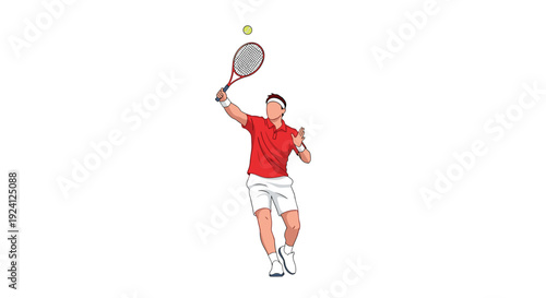 A male tennis player in red and white performs a powerful serve with racket raised high and a ball in the air on a white background.