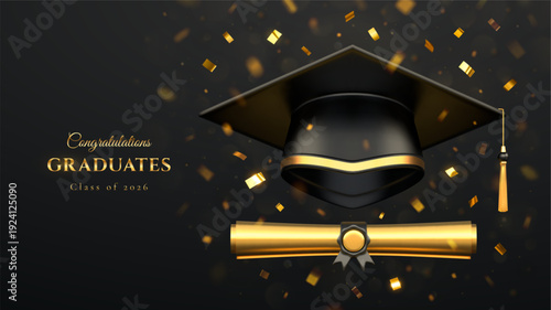 Graduation cap and gold diploma scroll with confetti on black background. Graduation celebration greeting card or invitation for class of 2026, university or college event. Vector illustration.