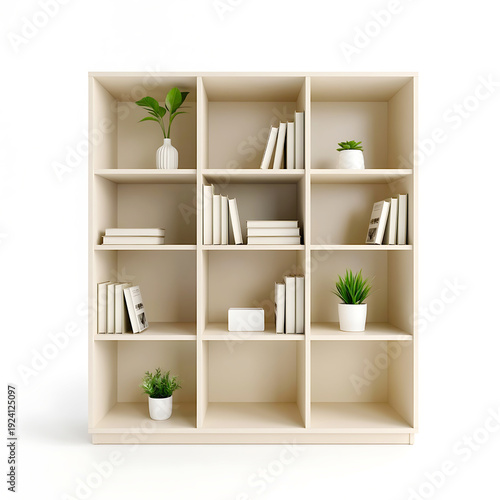Light wood modern bookcase with 12 shelves filled with books and small potted plants, white background.