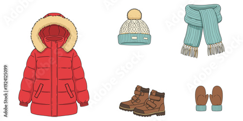 Winter clothing set including a red parka hat scarf boots and mittens Keywords: clothing, apparel, fashion, garments, outfit