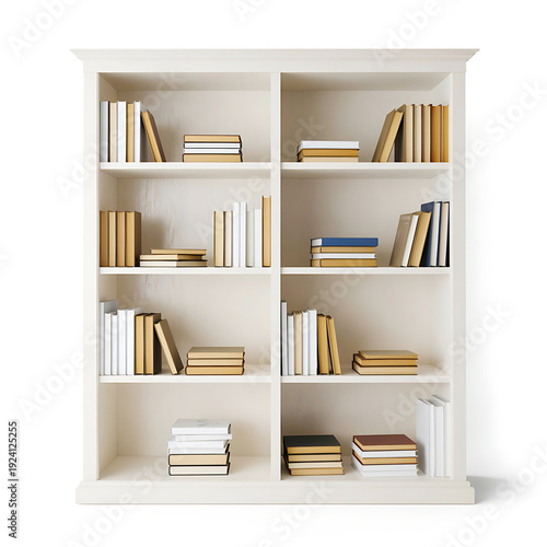 Elegant off-white bookshelf with 16 compartments filled with hardcover books and decorative objects.