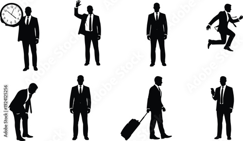 Black Silhouette Vector Set of Businessmen in Suits Featuring Professionals Holding a Clock Waving Goodbye Running to Meetings and Traveling with Suitcase for Work