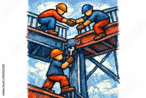 Construction workers collaborate and shake hands on a high-rise building project