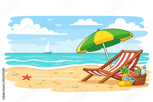 Summer beach vacation scene with striped deck chair under green umbrella, picnic basket with pineapple, watermelon and bottle, sea waves, sailboat, clouds and starfish.