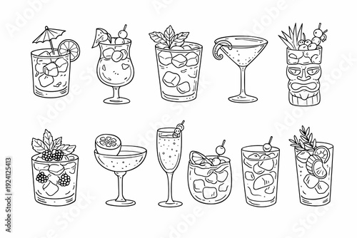 Detailed line art cocktail set with tiki mug, martini, coupe, highball and champagne flute filled with ice and fruit garnish. Clean monochrome mixology outline vector collection.