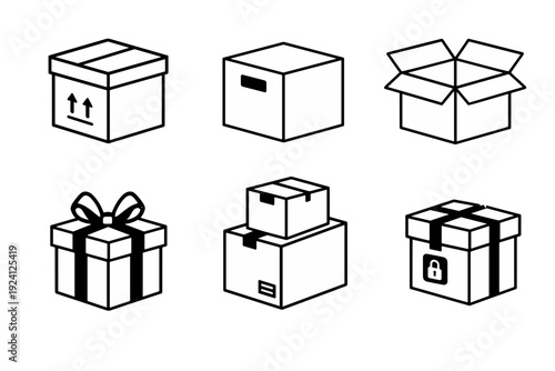 Minimal black parcel and gift box icon set with open package, secure shipment lock, stacked cartons and ribbon present, clean silhouette style for ecommerce logistics UI.