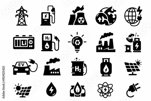Black energy and sustainability icon set with power grid, EV charging, nuclear plant, hydrogen fuel, batteries, solar panels, factory emissions and plug symbols on white.