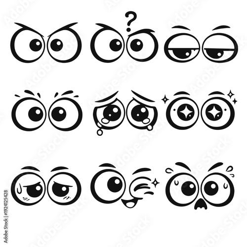 Set of cartoon eyes expressions in black outline: angry, confused, sleepy, surprised, crying, sparkling and scared looks. Great for emoji packs, stickers, comics and streaming overlays.