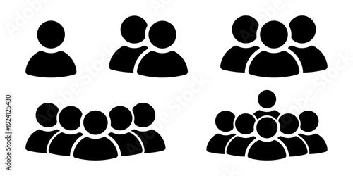 Group of people icons showing single person and teams, diverse group sizes, flat design vector illustration