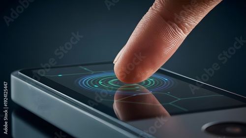 Finger touching a biometric fingerprint scanner on a device image photo