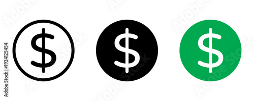 Dollar Sign Coin Icons Set: Outline, Black, Green Flat Design Vector Illustration