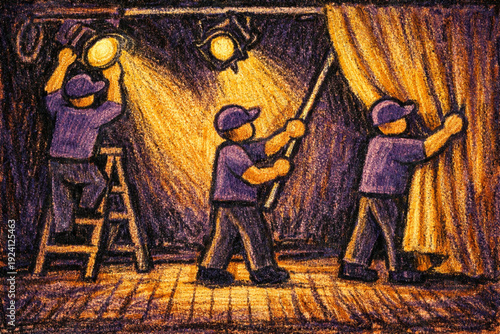 Stagehands prepare the theater for a performance by adjusting lights and curtains